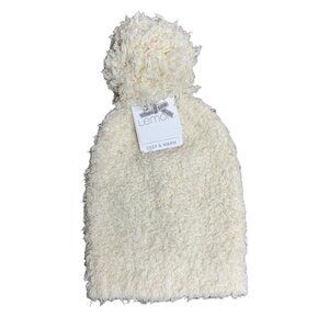 Lemon Cozy Warm Fuzzy Fleece Knit Beanie Hat One Size Cream Puff Ball NEW